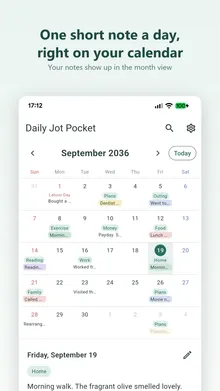 Monthly calendar view with a short note on each day
