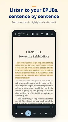 Reader screen reading "Alice's Adventures in Wonderland" aloud, with the sentence being read highlighted and playback controls at the bottom