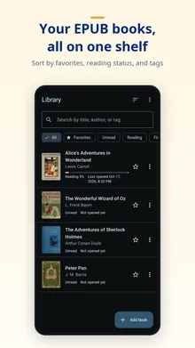 Library screen listing classic books with their covers, such as "Alice's Adventures in Wonderland" and "Peter Pan", with a search box and filter buttons above