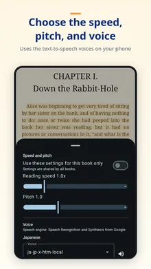 Voice settings panel over the reader, with sliders for reading speed and pitch and a menu for choosing a voice for each language