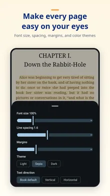 Display settings panel over the reader, with sliders for font size, line spacing, and margins, and choices for the theme (light, sepia, dark) and text direction