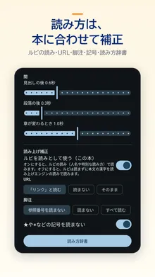 読み上げの設定画面。見出し・段落・章の後の間の長さ、ルビを読みとして使うかどうか、URL・脚注・記号の読み方の選択、読み方辞書のボタンがある