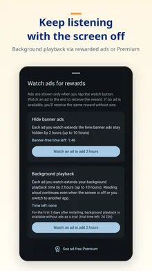 Rewards panel with buttons to watch an ad to hide banner ads or to extend background playback time, and a link to the premium plan
